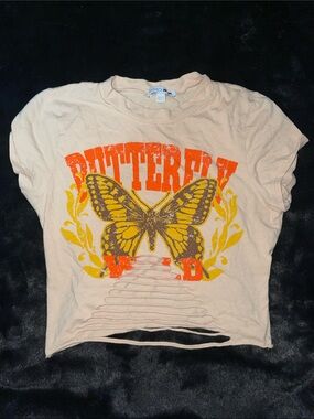 Fashion Nova Peach Crop Tee with Yellow & Orange Butterfly Graphic
